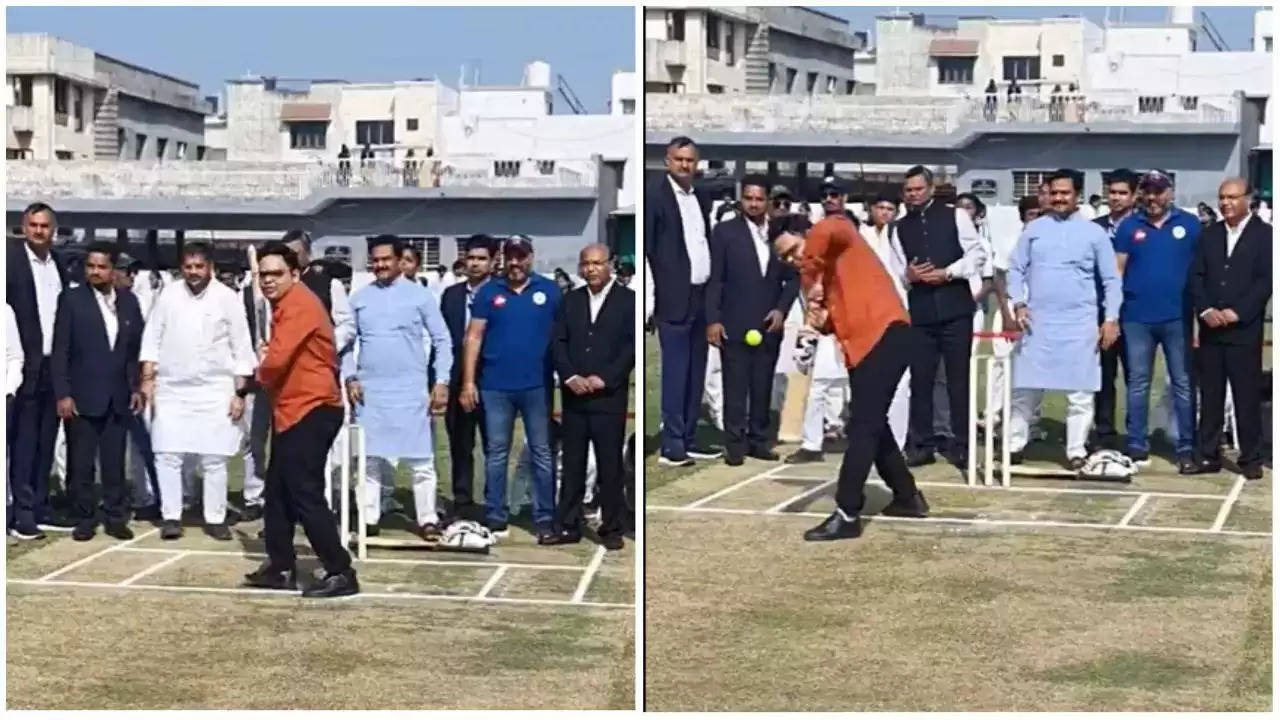 BCCI secretary Jay Shah turns batter during cricket ground inauguration in Gandhinagar